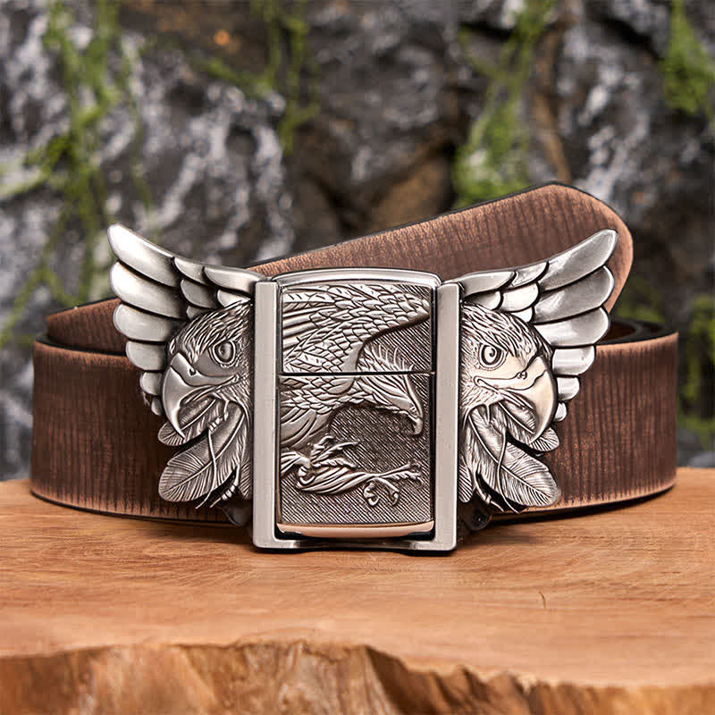 Cinturón de cuero con águila en vuelo plateada para hombre, con encendedor oculto, hecho a mano - Águila en vuelo - Cinturón marrón desgastado - 42 - image 9