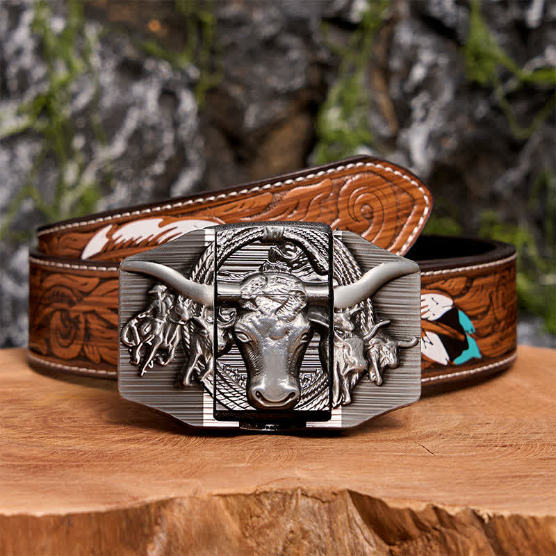 Cinturón de cuero de toro dominante plateado para hombre, hecho a mano, con encendedor oculto - Toro de cuernos largos - Cinturón de plumas marrones - 40 - image 11