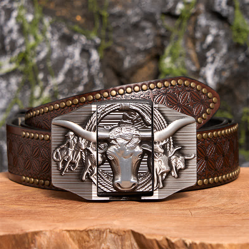 Cinturón de cuero de toro dominante plateado para hombre, hecho a mano, con encendedor oculto - Toro de cuernos largos - Cinturón con remaches marrones - 42 - image 8