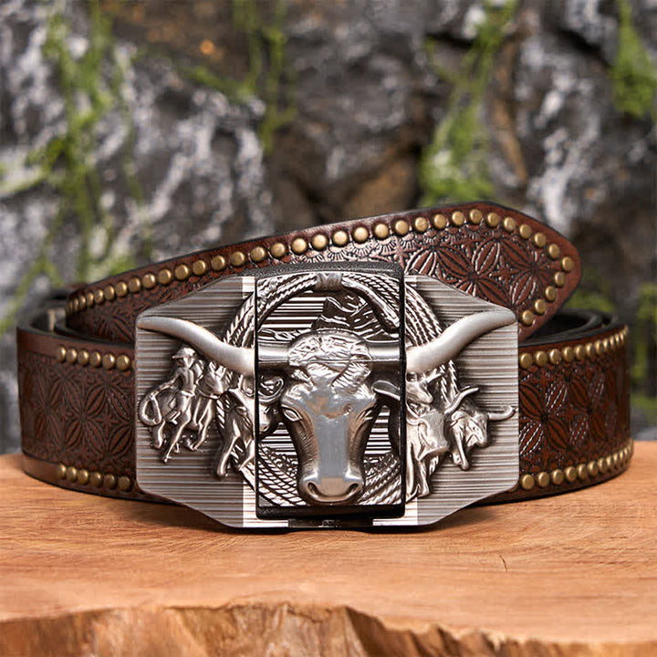 Cinturón de cuero de toro dominante plateado para hombre, hecho a mano, con encendedor oculto - Toro de cuernos largos - Cinturón con remaches marrones - 42 - image 8