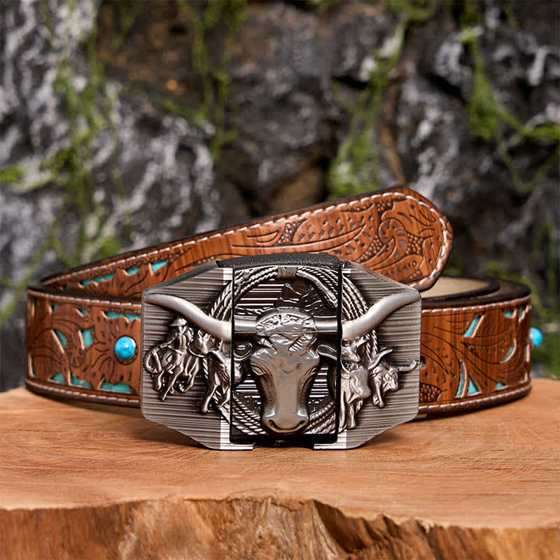 Cinturón de cuero de toro dominante plateado para hombre, hecho a mano, con encendedor oculto - Toro de cuernos largos - Cinturón tallado en turquesa - 42 - image 7