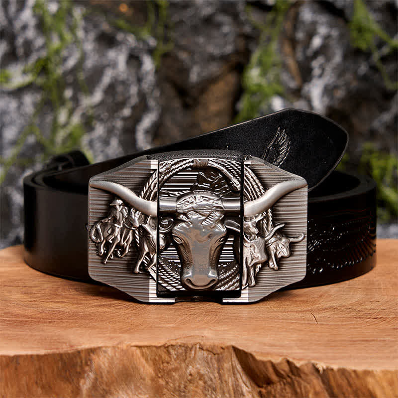 Cinturón de cuero de toro dominante plateado para hombre, hecho a mano, con encendedor oculto - Toro de cuernos largos - Cinturón de águila negra en relieve - 42 - image 3