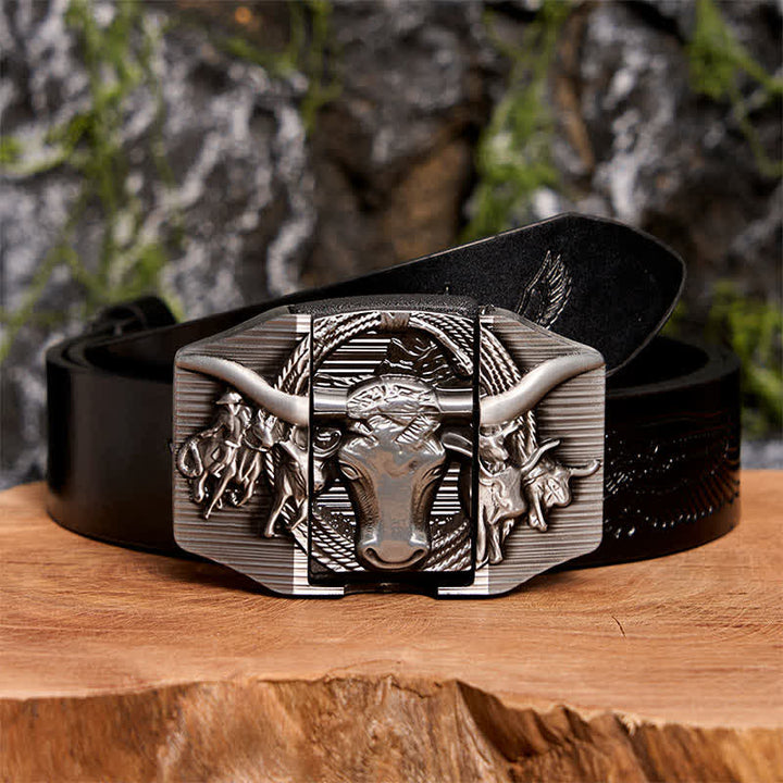 Cinturón de cuero de toro dominante plateado para hombre, hecho a mano, con encendedor oculto - Toro de cuernos largos - Cinturón de águila negra en relieve - 42 - image 3