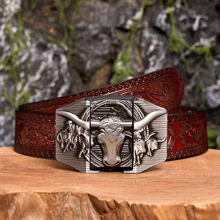Cinturón de cuero de toro dominante plateado para hombre, hecho a mano, con encendedor oculto - Toro de cuernos largos - Cinturón tallado marrón - 42 - image 10