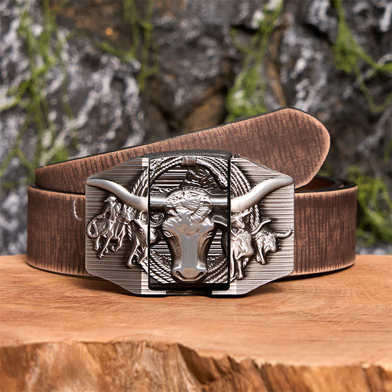 Cinturón de cuero de toro dominante plateado para hombre, hecho a mano, con encendedor oculto - Toro de cuernos largos - Cinturón marrón desgastado - 42 - image 9