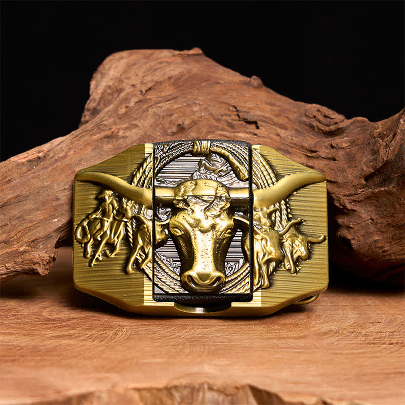Cinturón de cuero de toro dominante dorado para hombre, hecho a mano, con encendedor oculto - Toro de cuernos largos - Sin cinturón - Cinturón no incluido - image 1