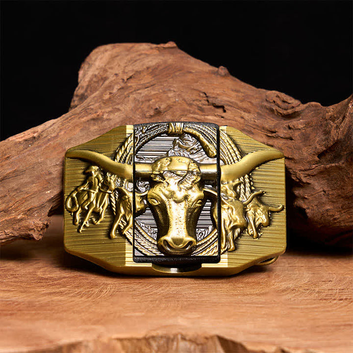 Cinturón de cuero de toro dominante dorado para hombre, hecho a mano, con encendedor oculto - Toro de cuernos largos - Sin cinturón - Cinturón no incluido - image 1