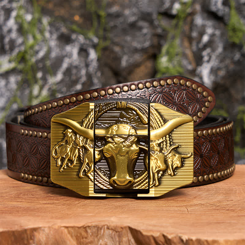 Cinturón de cuero de toro dominante dorado para hombre, hecho a mano, con encendedor oculto - Toro de cuernos largos - Cinturón con remaches marrones - 42 - image 8