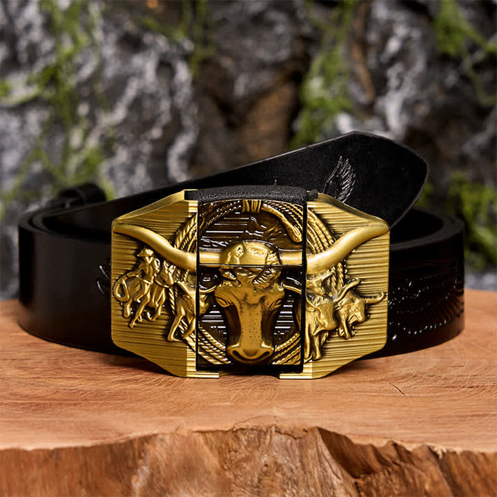 Cinturón de cuero de toro dominante dorado para hombre, hecho a mano, con encendedor oculto - Toro de cuernos largos - Cinturón de águila negra en relieve - 42 - image 3