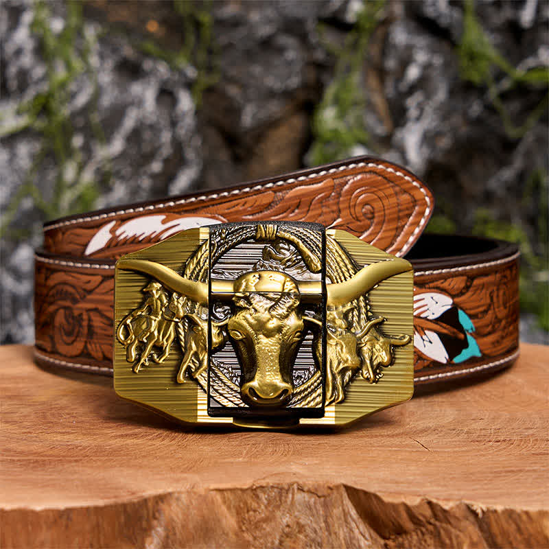 Cinturón de cuero de toro dominante dorado para hombre, hecho a mano, con encendedor oculto - Toro de cuernos largos - Cinturón de plumas marrones - 40 - image 11