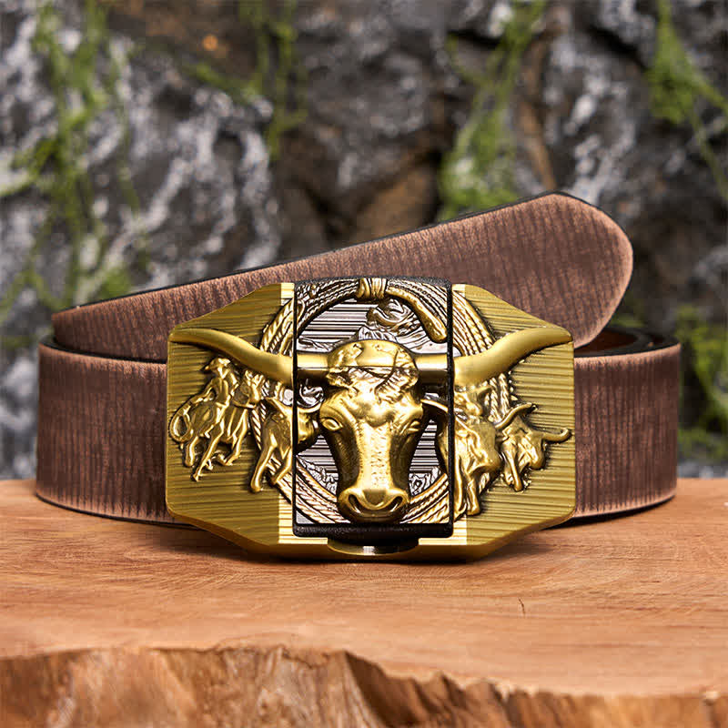 Cinturón de cuero de toro dominante dorado para hombre, hecho a mano, con encendedor oculto - Toro de cuernos largos - Cinturón marrón desgastado - 42 - image 9