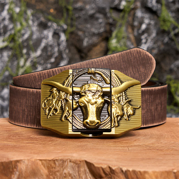 Cinturón de cuero de toro dominante dorado para hombre, hecho a mano, con encendedor oculto - Toro de cuernos largos - Cinturón marrón desgastado - 42 - image 9