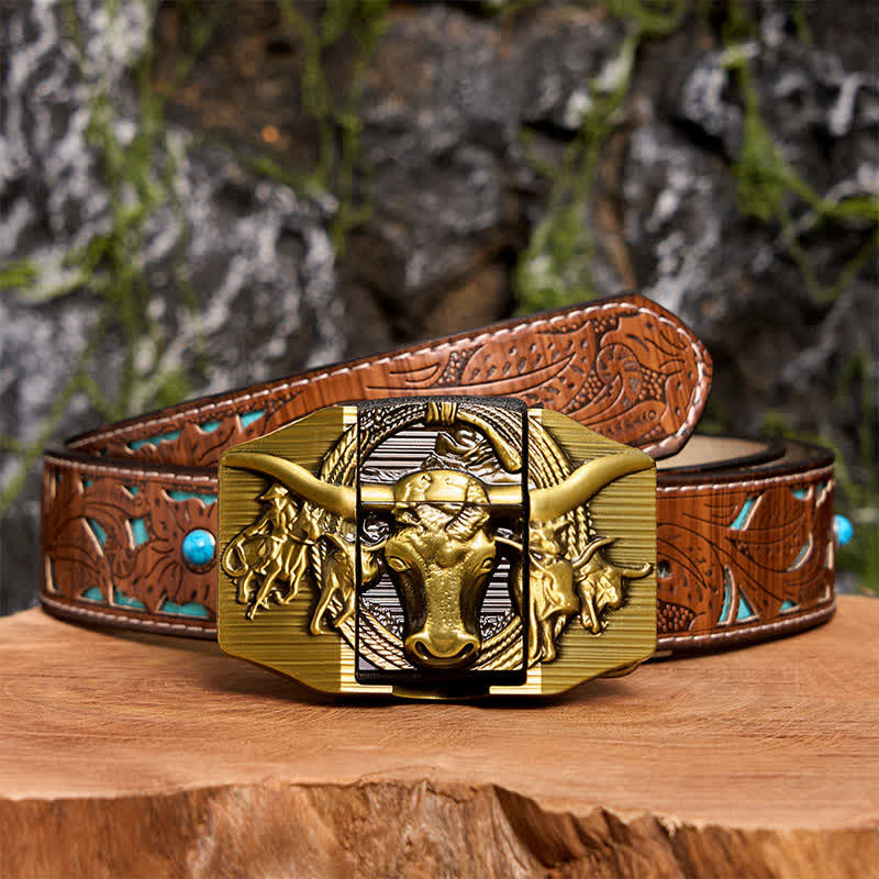 Cinturón de cuero de toro dominante dorado para hombre, hecho a mano, con encendedor oculto - Toro de cuernos largos - Cinturón tallado en turquesa - 42 - image 7