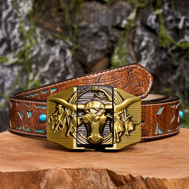Cinturón de cuero de toro dominante dorado para hombre, hecho a mano, con encendedor oculto - Toro de cuernos largos - Cinturón tallado en turquesa - 42 - image 7