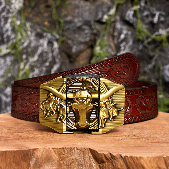 Cinturón de cuero de toro dominante dorado para hombre, hecho a mano, con encendedor oculto - Toro de cuernos largos - Cinturón tallado marrón - 42 - image 10
