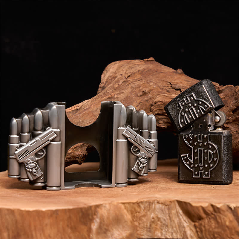 Cinturón de cuero plateado con dos pistolas y balas para hombre, con encendedor oculto, hecho a mano - image 2