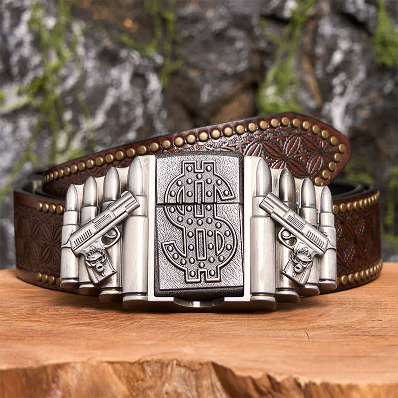 Cinturón de cuero plateado con dos pistolas y balas para hombre, con encendedor oculto, hecho a mano - Pistolas y balas duales - Cinturón con remaches marrones - 42 - image 8