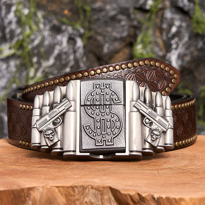 Cinturón de cuero plateado con dos pistolas y balas para hombre, con encendedor oculto, hecho a mano - Pistolas y balas duales - Cinturón con remaches marrones - 42 - image 8