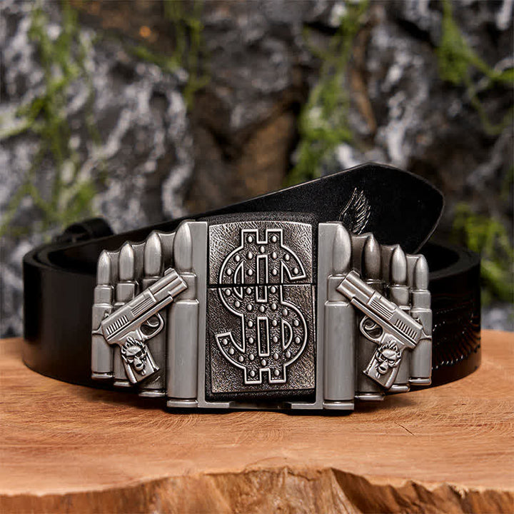 Cinturón de cuero plateado con dos pistolas y balas para hombre, con encendedor oculto, hecho a mano - Pistolas y balas duales - Cinturón de águila negra en relieve - 42 - image 3