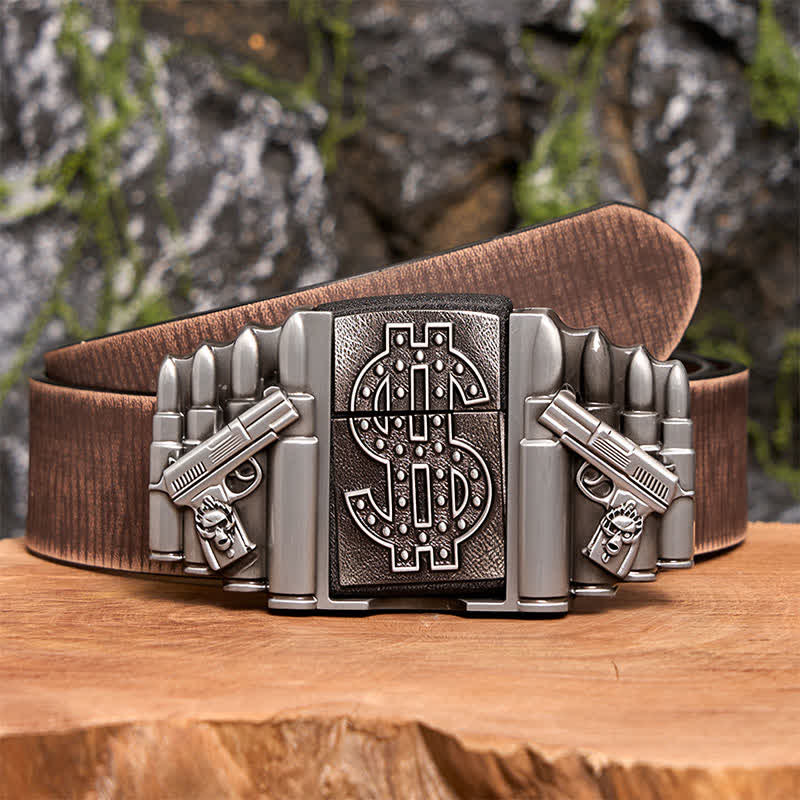 Cinturón de cuero plateado con dos pistolas y balas para hombre, con encendedor oculto, hecho a mano - Pistolas y balas duales - Cinturón marrón desgastado - 42 - image 9