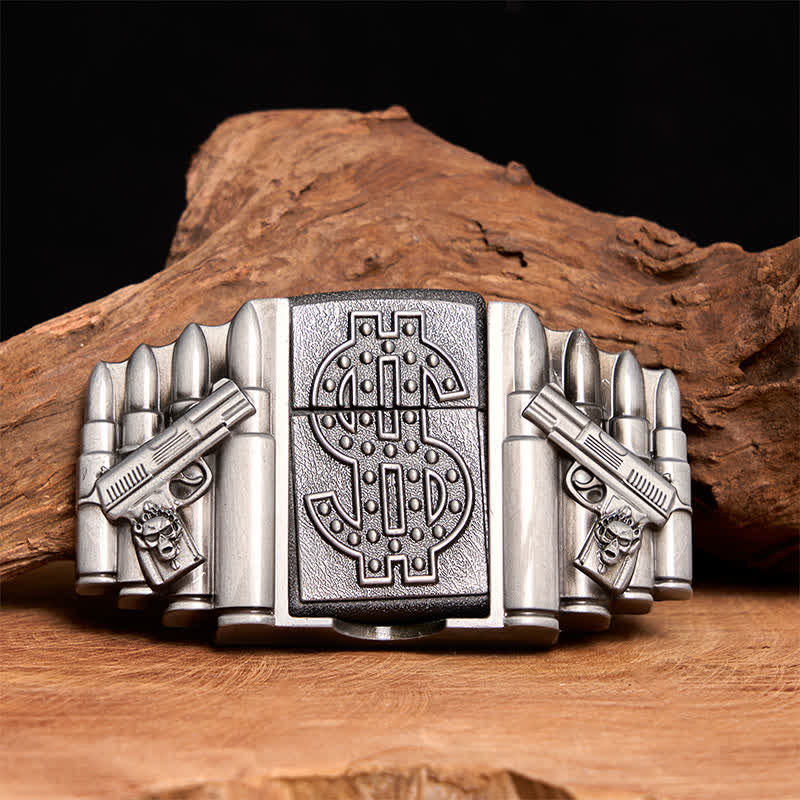 Cinturón de cuero plateado con dos pistolas y balas para hombre, con encendedor oculto, hecho a mano - Pistolas y balas duales - Sin cinturón - Cinturón no incluido - image 1
