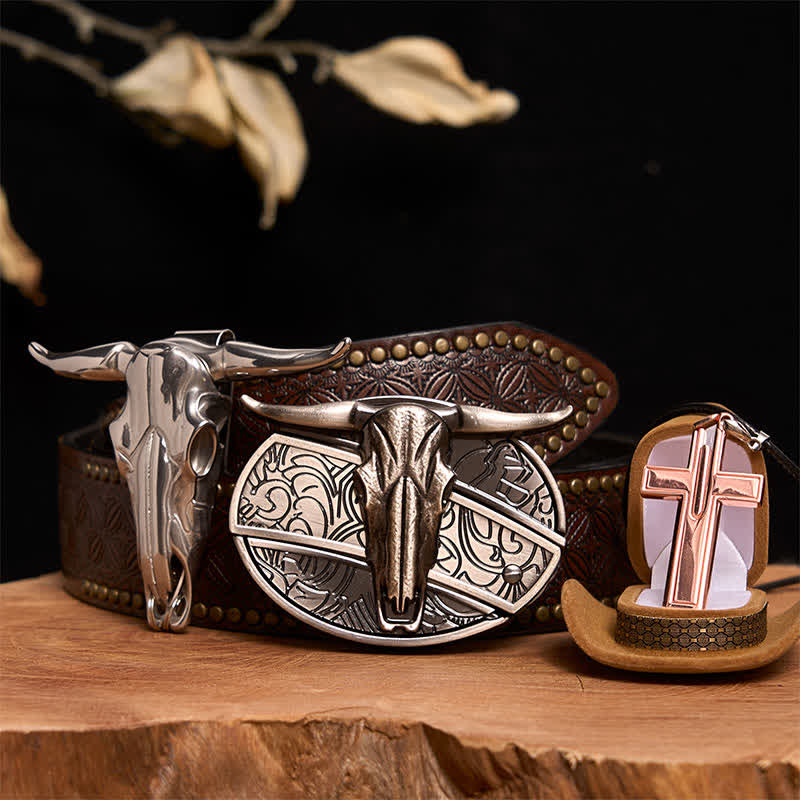 Conjunto de collar y hebilla de cinturón con cruz y cuchillo oculto de toro Longhorn - Toro de cuernos largos - Cinturón con remaches marrones - 42 - image 6