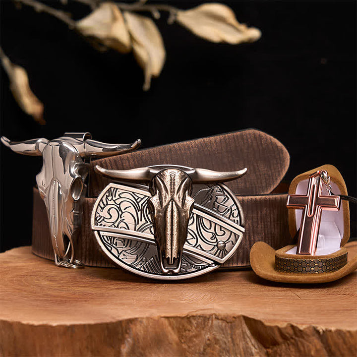 Conjunto de collar y hebilla de cinturón con cruz y cuchillo oculto de toro Longhorn - Toro de cuernos largos - Cinturón marrón desgastado - 42 - image 7