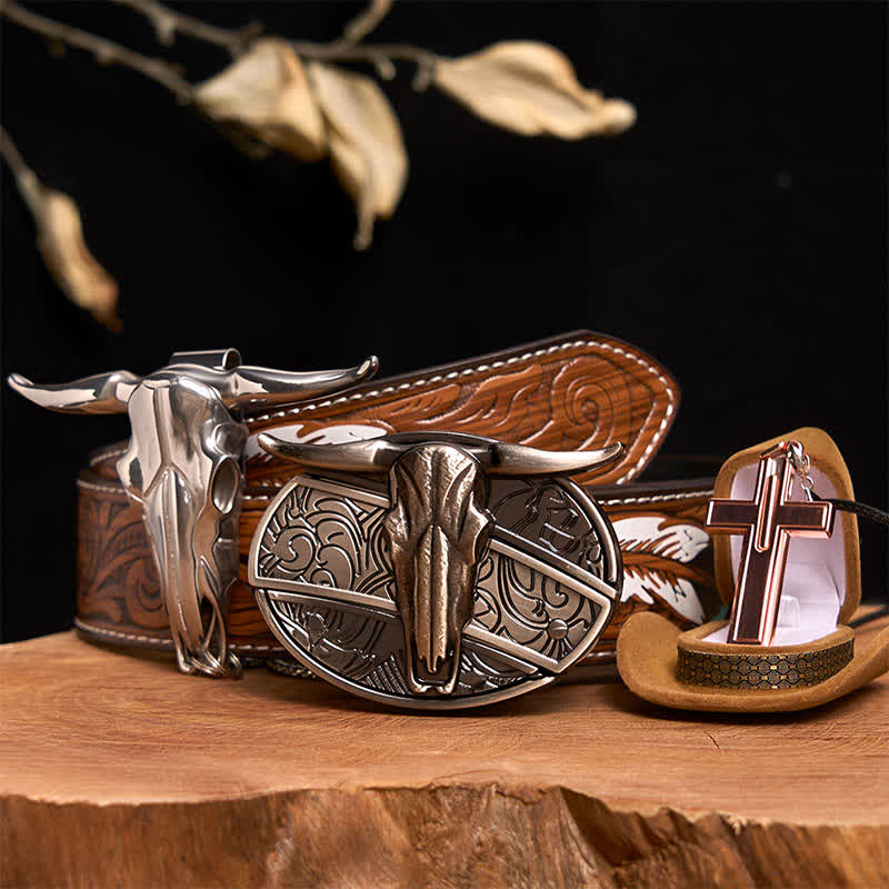 Conjunto de collar y hebilla de cinturón con cruz y cuchillo oculto de toro Longhorn - Toro de cuernos largos - Cinturón de plumas marrones - 40 - image 1