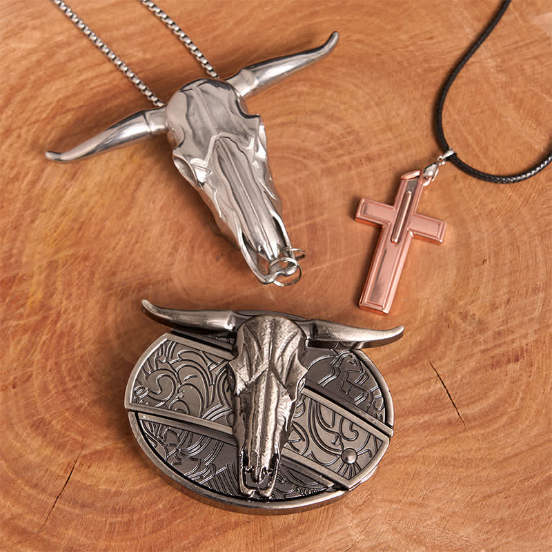 Conjunto de collar y hebilla de cinturón con cruz y cuchillo oculto de toro Longhorn - Toro de cuernos largos - Sin cinturón - No incluye cinturón - image 2
