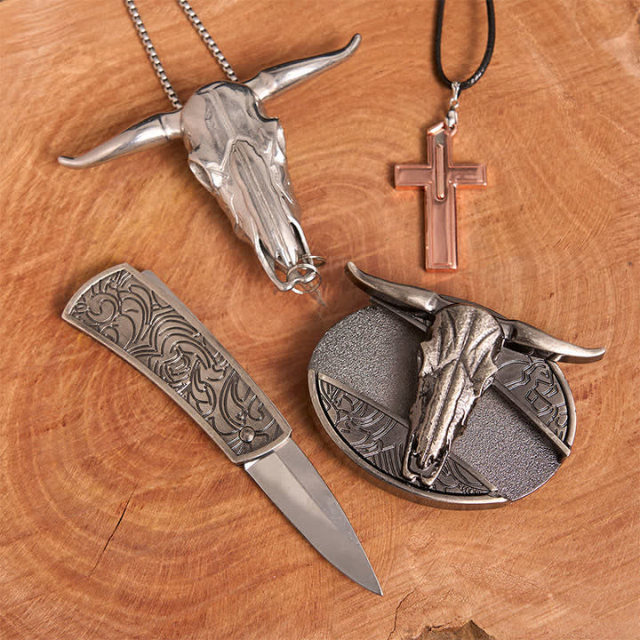 Conjunto de collar y hebilla de cinturón con cruz y cuchillo oculto de toro Longhorn - image 3