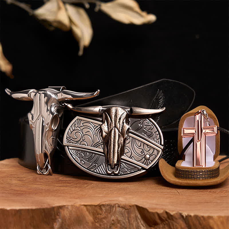 Conjunto de collar y hebilla de cinturón con cruz y cuchillo oculto de toro Longhorn - Toro de cuernos largos - Cinturón de águila negra en relieve - 42 - image 4
