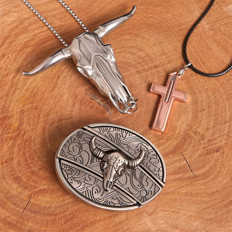 Conjunto de collar y hebilla de cinturón con cruz y cuchillo oculto de plata antigua con forma de toro - Cabeza de toro plateada - Sin cinturón - No incluye cinturón - image 1
