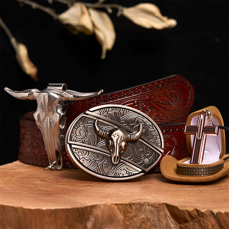 Conjunto de collar y hebilla de cinturón con cruz y cuchillo oculto de plata antigua con forma de toro - Cabeza de toro plateada - Cinturón tallado marrón - 42 - image 7