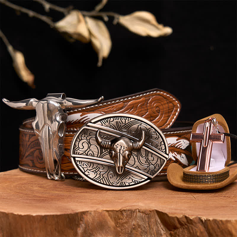 Conjunto de collar y hebilla de cinturón con cruz y cuchillo oculto de plata antigua con forma de toro - Cabeza de toro plateada - Cinturón de plumas marrones - 40 - image 1