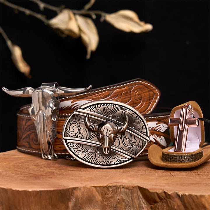 Conjunto de collar y hebilla de cinturón con cruz y cuchillo oculto de plata antigua con forma de toro - Cabeza de toro plateada - Cinturón de plumas marrones - 40 - image 1