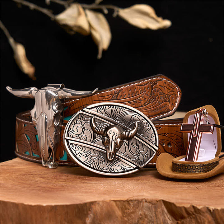 Conjunto de collar y hebilla de cinturón con cruz y cuchillo oculto de plata antigua con forma de toro - Cabeza de toro plateada - Cinturón tallado en turquesa - 42 - image 4