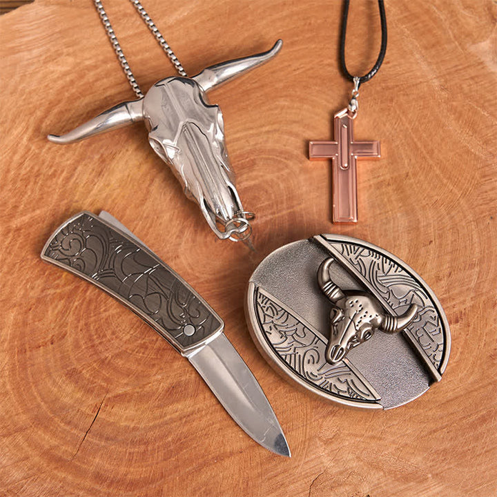 Conjunto de collar y hebilla de cinturón con cruz y cuchillo oculto de plata antigua con forma de toro - image 3