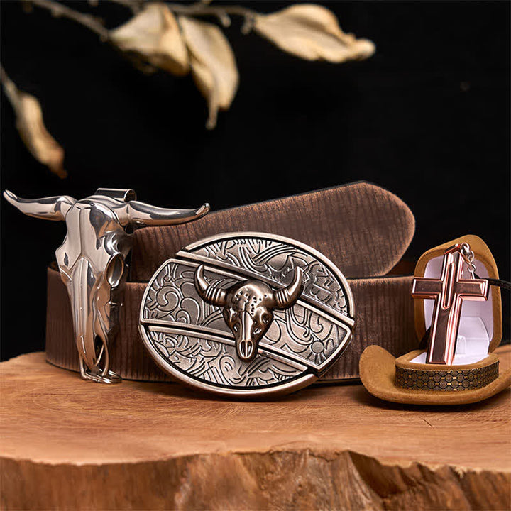 Conjunto de collar y hebilla de cinturón con cruz y cuchillo oculto de plata antigua con forma de toro - Cabeza de toro plateada - Cinturón marrón desgastado - 42 - image 7