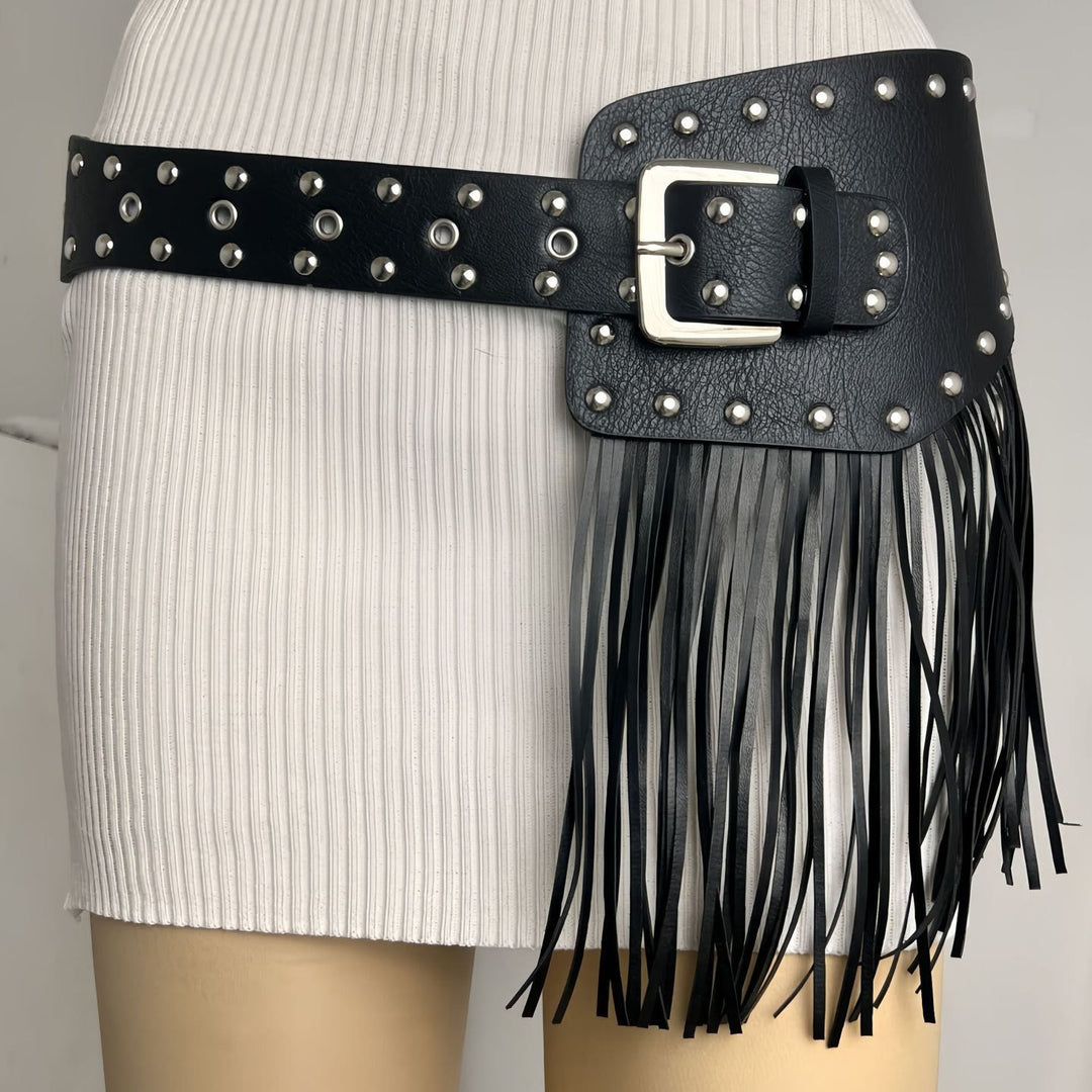 Cinturón de corsé de cuero con borlas estilo hippie de vaquero occidental para mujer - Cinturón con borlas y remaches punk - image 6
