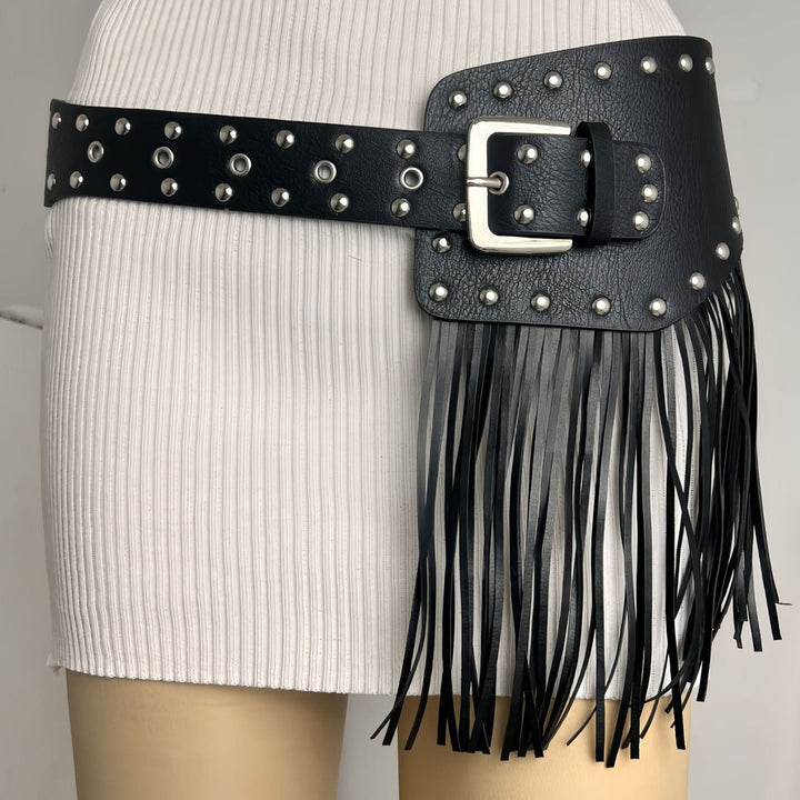 Cinturón de corsé de cuero con borlas estilo hippie de vaquero occidental para mujer - Cinturón con borlas y remaches punk - image 6
