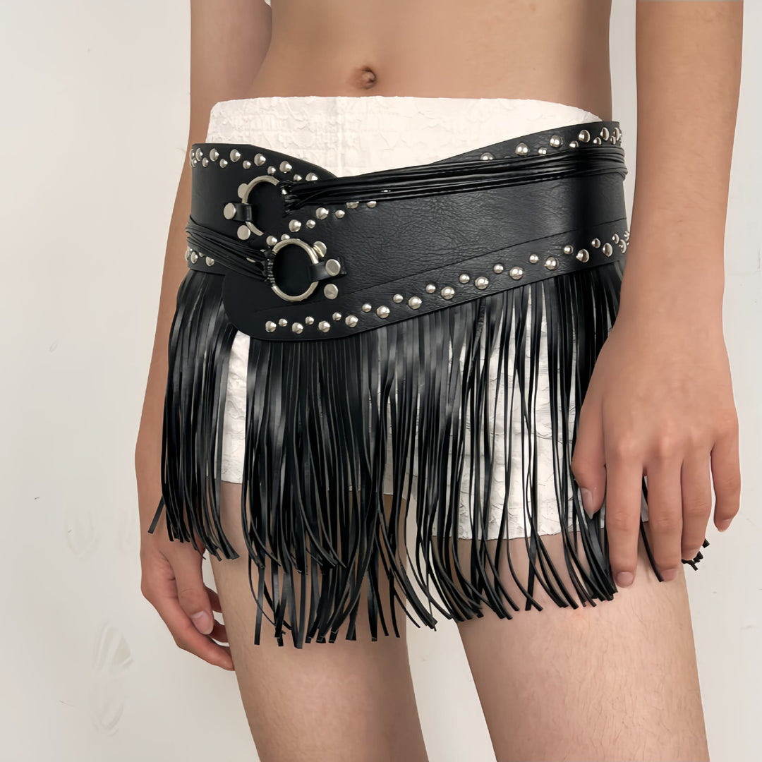 Cinturón de corsé de cuero con borlas estilo hippie de vaquero occidental para mujer - Correa de borla negra - image 4