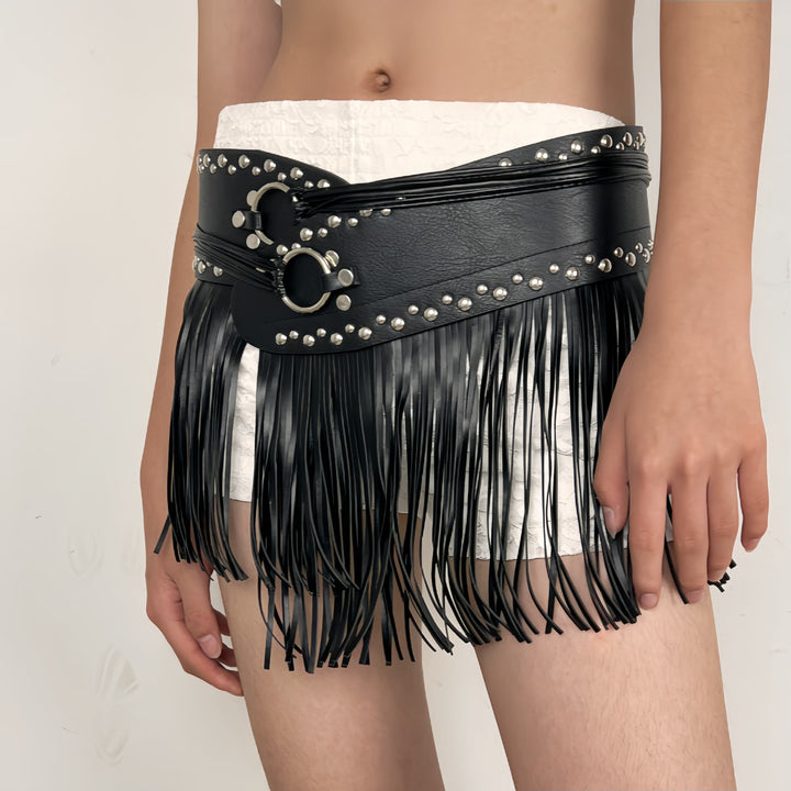 Cinturón de corsé de cuero con borlas estilo hippie de vaquero occidental para mujer - Correa de borla negra - image 4