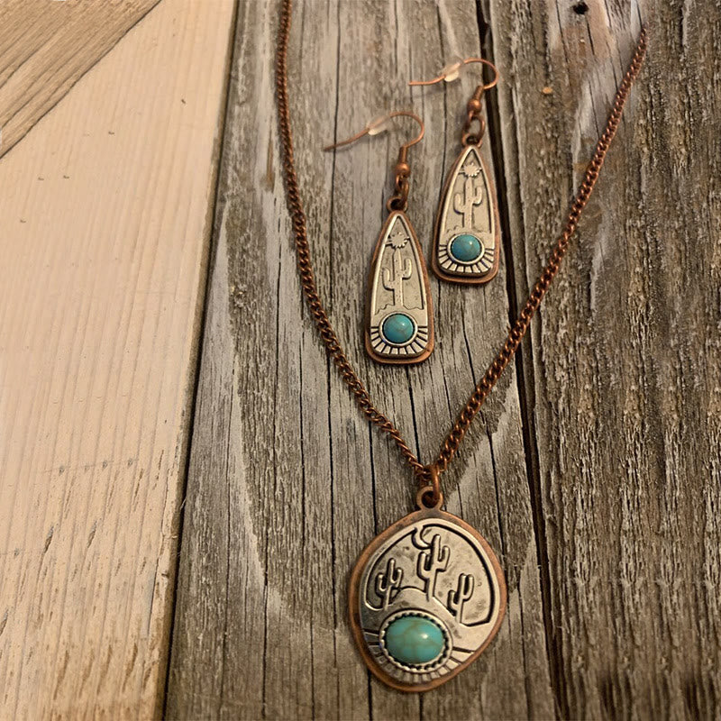 Collar vintage de cactus redondo con gotas de agua y pendientes de turquesa - image 1