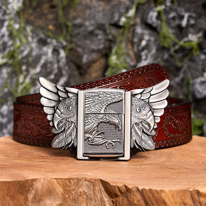 Cinturón de cuero con águila en vuelo plateada para hombre, con encendedor oculto, hecho a mano - Águila en vuelo - Cinturón tallado marrón - 42 - image 10