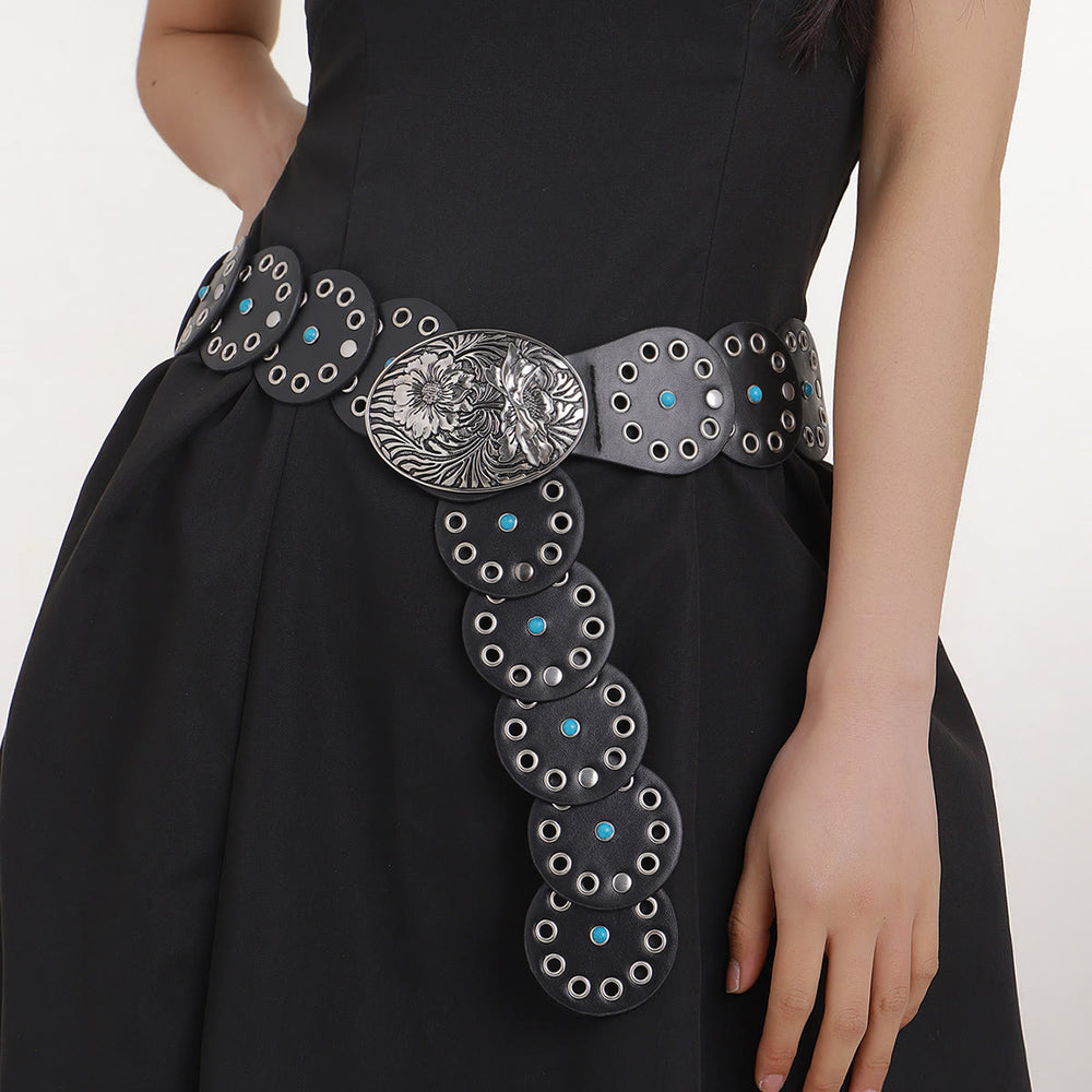 Cinturón de cuero para mujer con incrustaciones de diamantes azules y redondos ahuecados - image 2