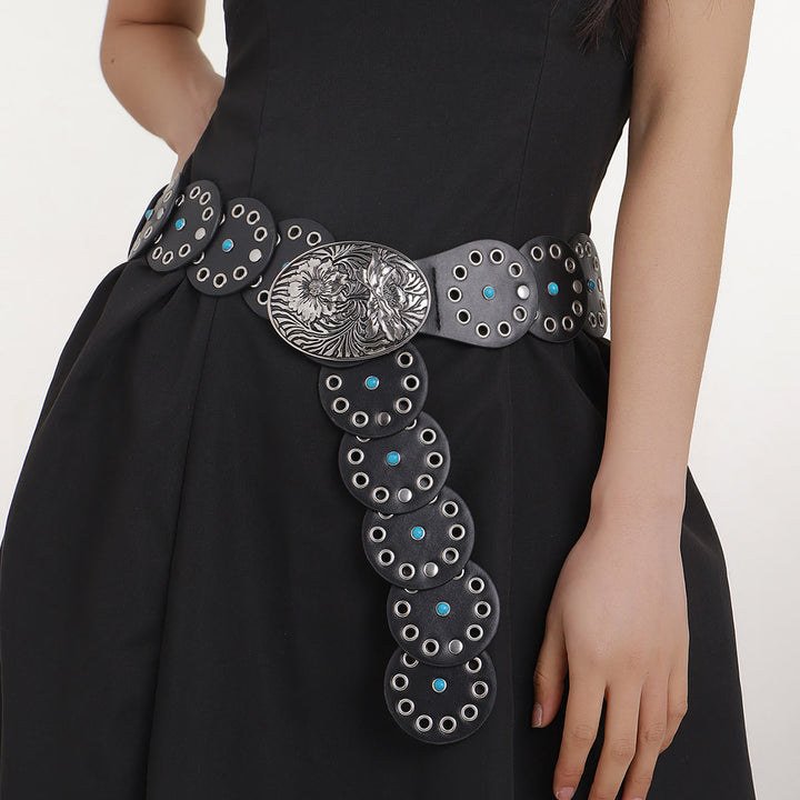 Cinturón de cuero para mujer con incrustaciones de diamantes azules y redondos ahuecados - image 2