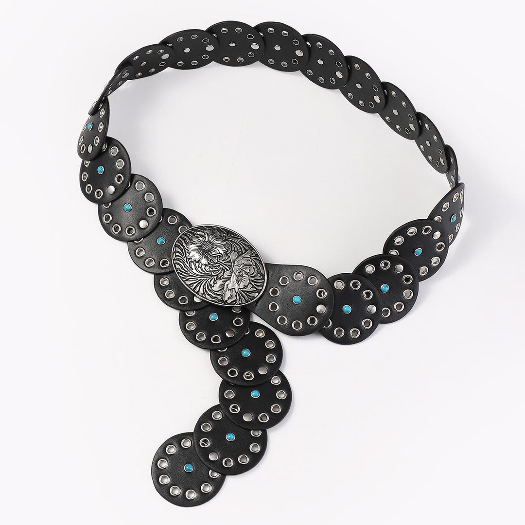 Cinturón de cuero para mujer con incrustaciones de diamantes azules y redondos ahuecados - image 4