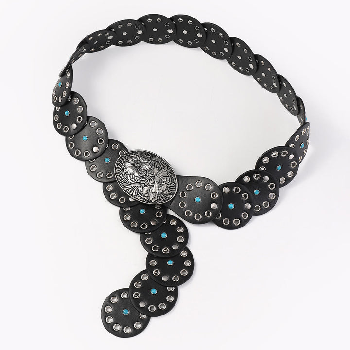 Cinturón de cuero para mujer con incrustaciones de diamantes azules y redondos ahuecados - image 4