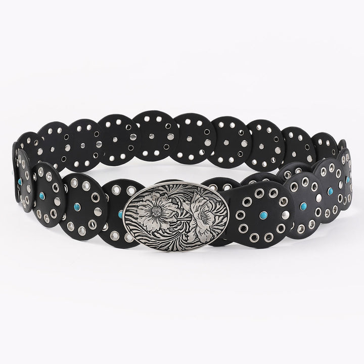 Cinturón de cuero para mujer con incrustaciones de diamantes azules y redondos ahuecados - image 3