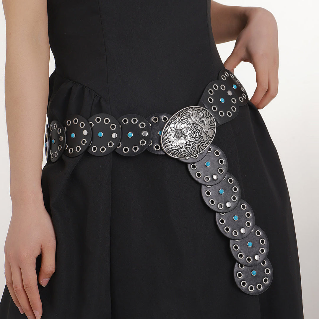 Cinturón de cuero para mujer con incrustaciones de diamantes azules y redondos ahuecados - Negro - image 1